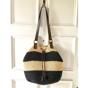 Sun N Sand Accessories Striped Woven Straw Tote Bag Faux Leather Shoulder Purse